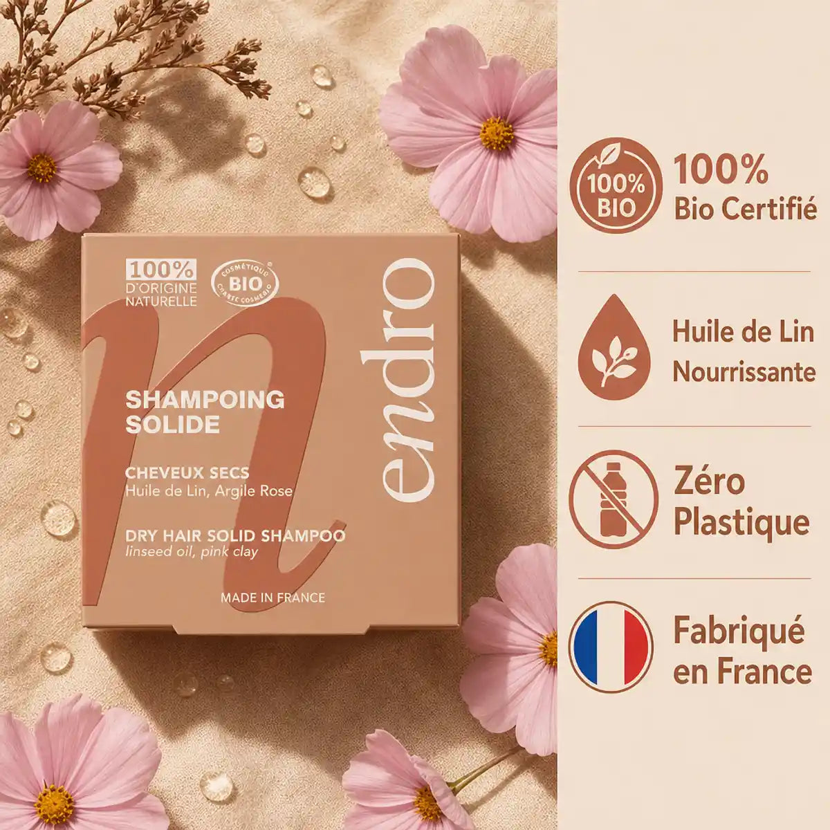 Shampooing solide Endro à l'huile de lin pour cheveux secs, packaging terracotta et certifications bio