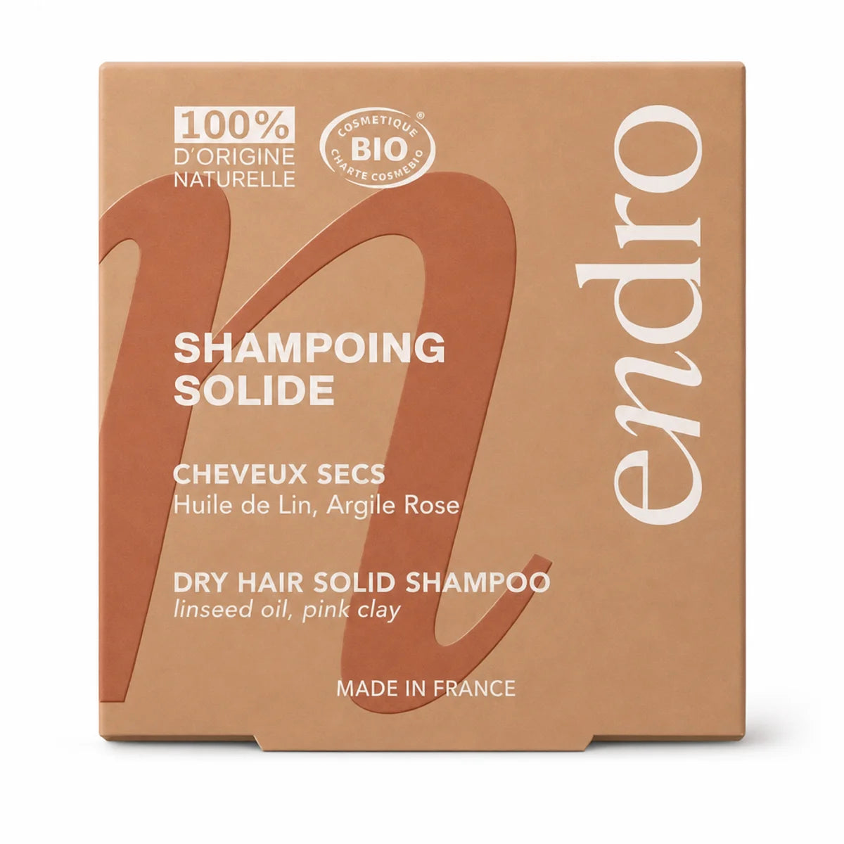 Shampooing solide Endro à l'huile de lin pour cheveux secs, emballage carton naturel bio