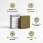 Shampoing solide anti-pellicules Antheya 100g avec ses 5 bénéfices naturels et bio illustrés