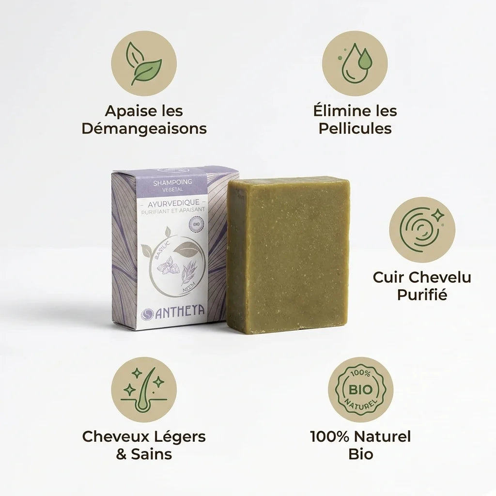 Shampoing solide anti-pellicules Antheya 100g avec ses 5 bénéfices naturels et bio illustrés