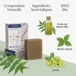Shampoing solide Antheya anti-pellicules avec neem, basilic et amla bio - emballage navy et crème