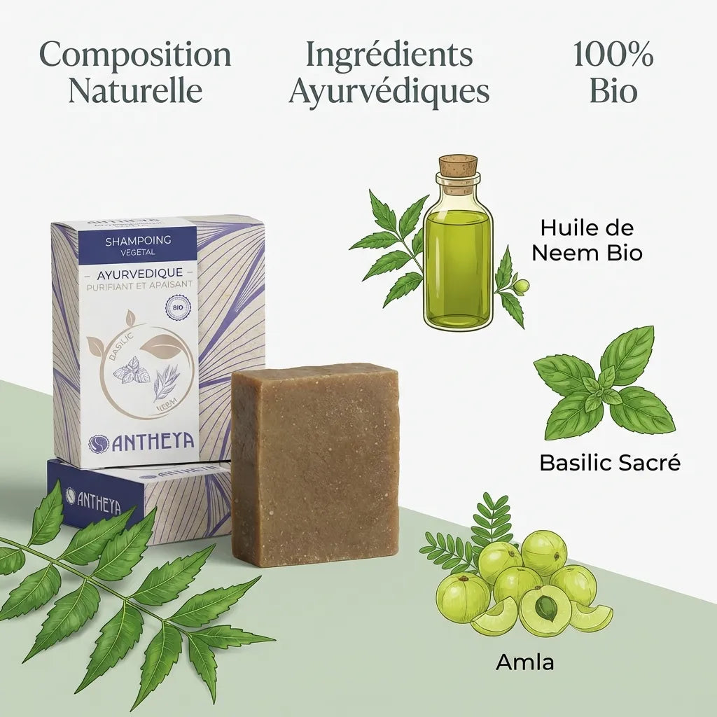 Shampoing solide Antheya anti-pellicules avec neem, basilic et amla bio - emballage navy et crème