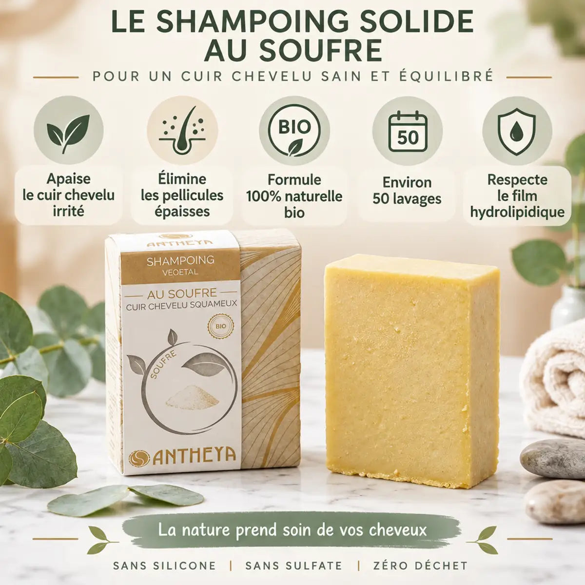 Shampoing solide au soufre Antheya 100g cuir chevelu squameux pellicules naturel bio