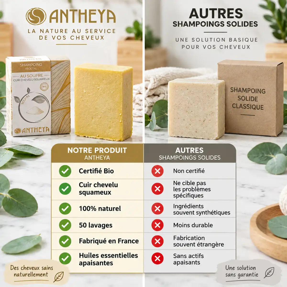Comparaison shampoing solide soufre Antheya versus produits génériques - cuir chevelu squameux
