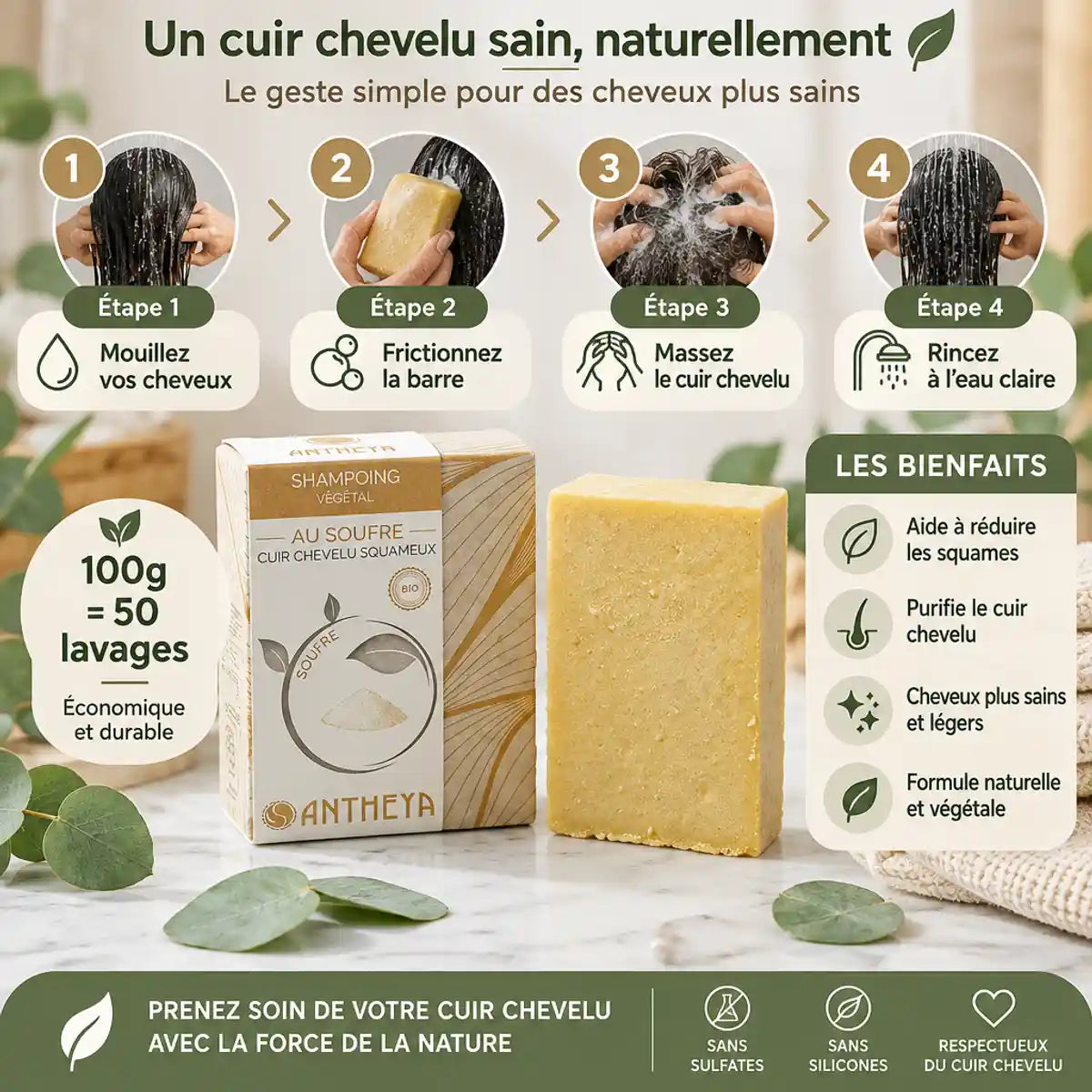 Shampoing solide au soufre Antheya 100g avec guide d'utilisation en 4 étapes pour cuir chevelu squameux