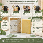 Shampoing solide au soufre Antheya 100g avec guide d'utilisation en 4 étapes pour cuir chevelu squameux