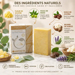 Shampoing solide Antheya au soufre sur marbre avec ingrédients naturels et eucalyptus
