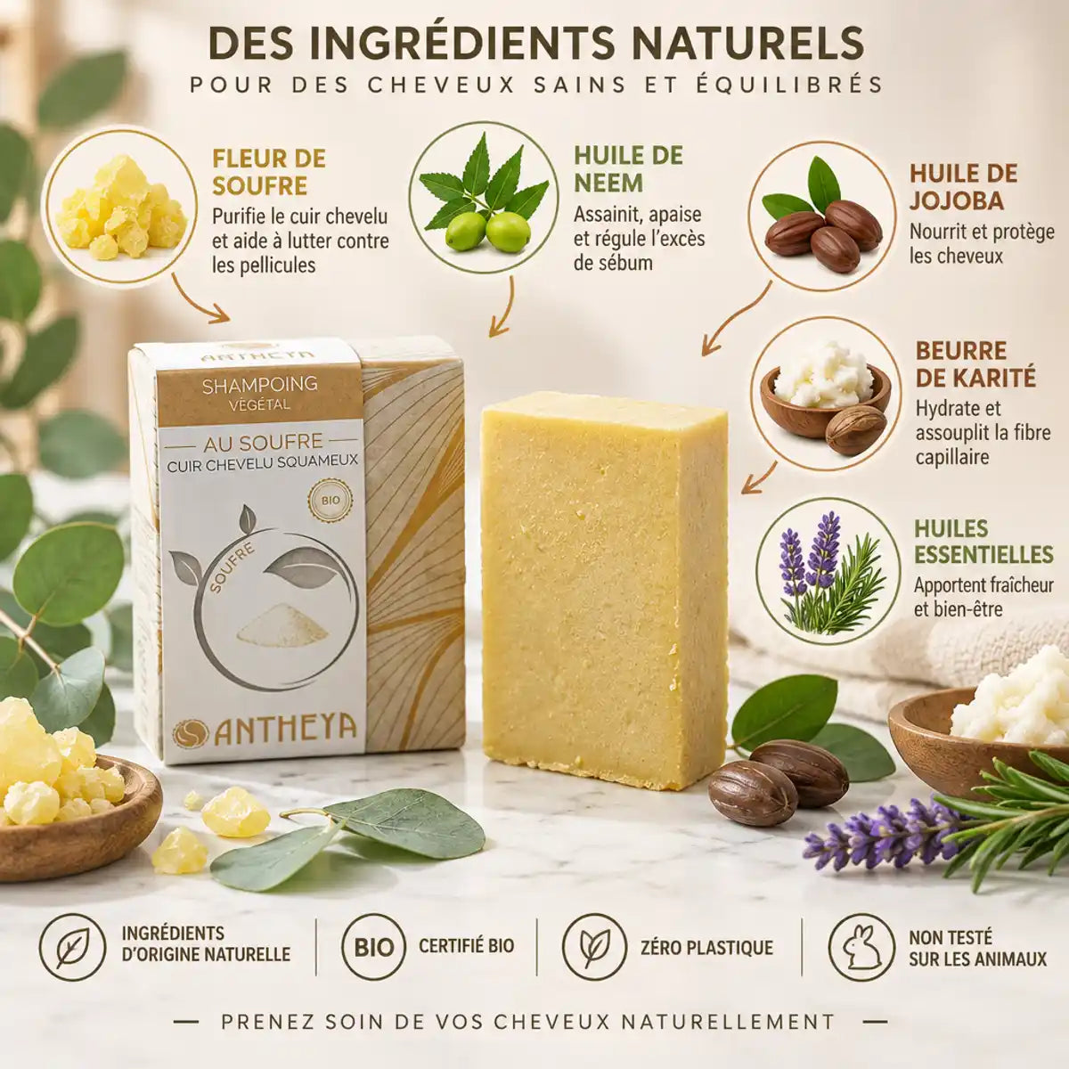 Shampoing solide Antheya au soufre sur marbre avec ingrédients naturels et eucalyptus