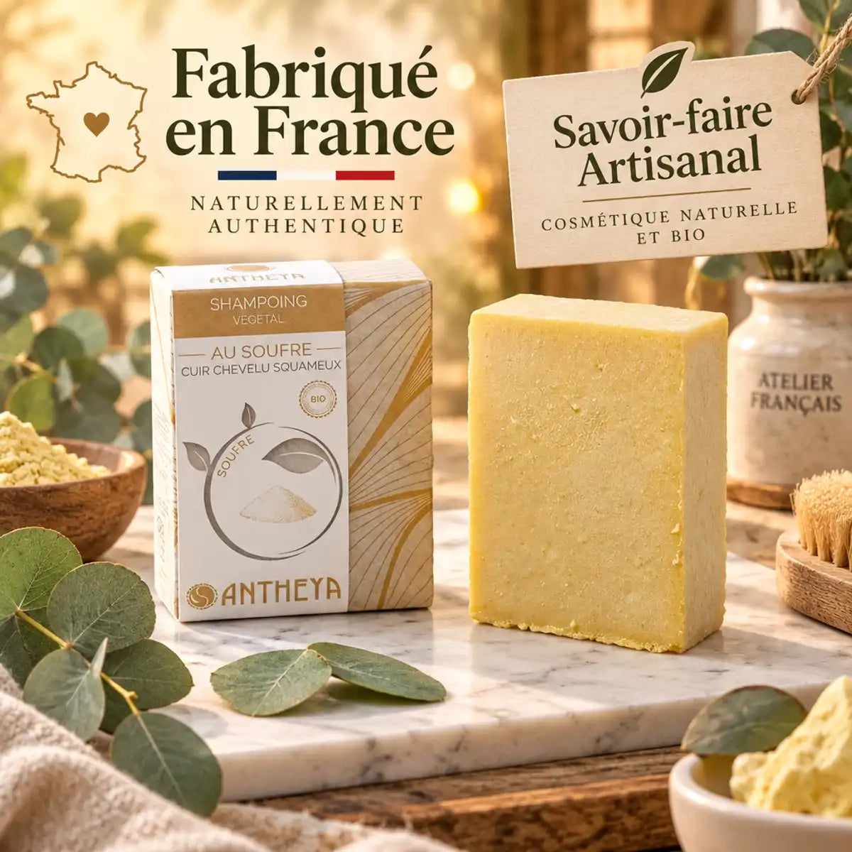 Shampoing solide Antheya au soufre avec packaging et savon jaune pâle sur marbre avec feuilles eucalyptus