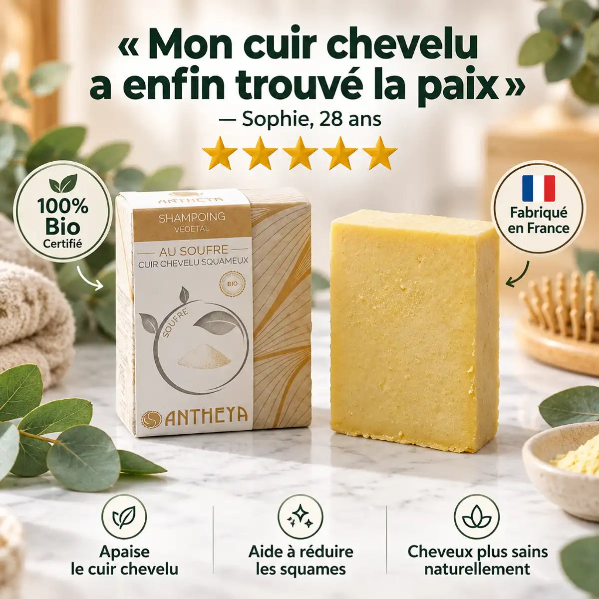Shampoing solide au soufre Antheya 100g avec témoignage client et avis 5 étoiles