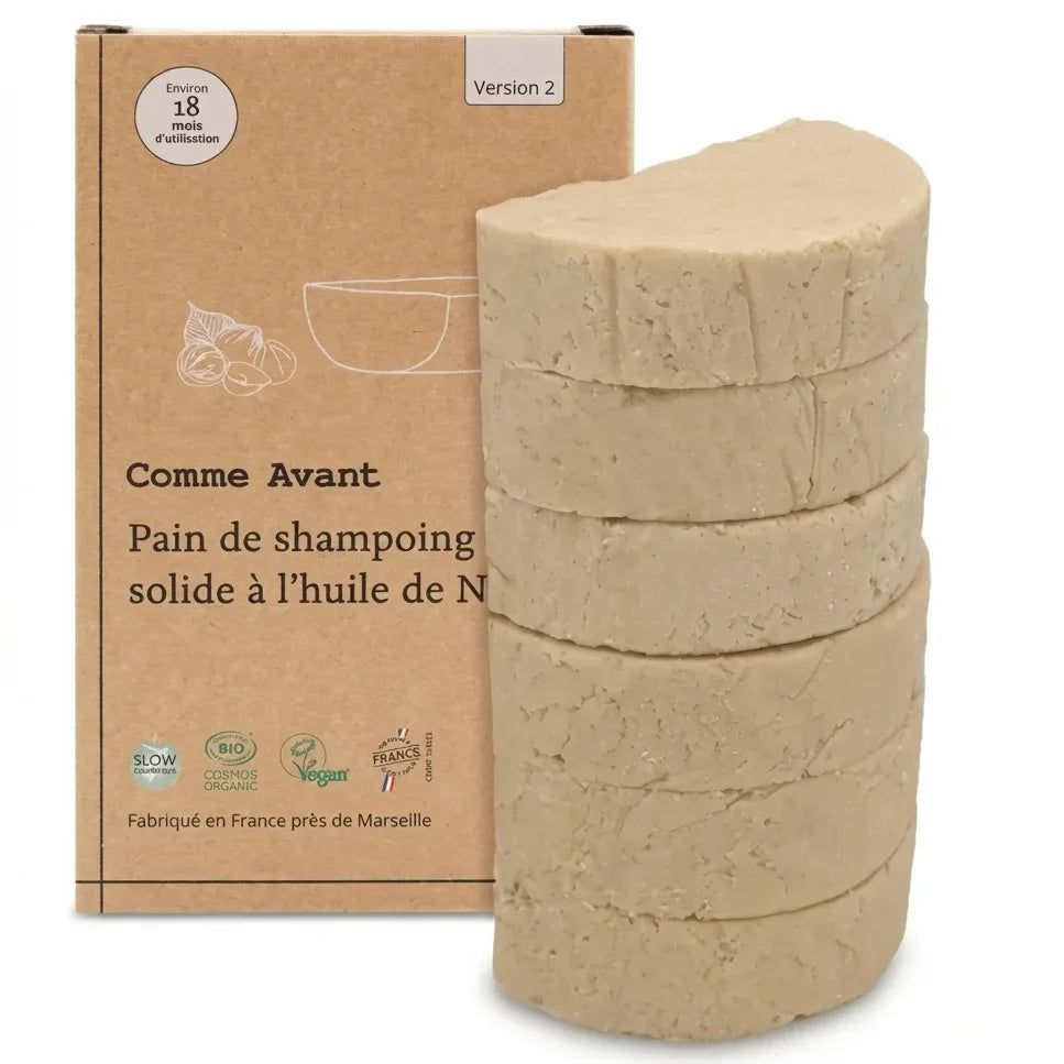 Shampoing solide bio Comme Avant à l'huile de noisette, barre beige segmentée avec emballage kraft