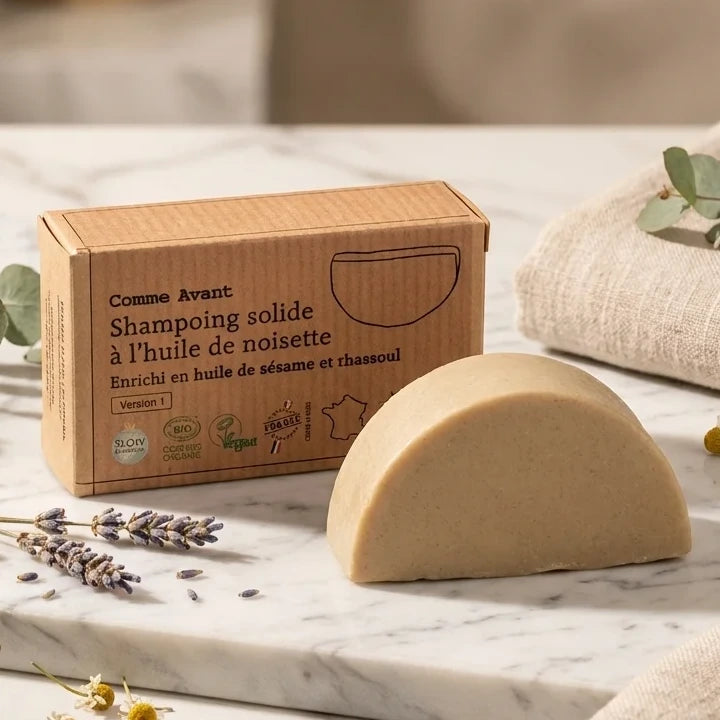 Shampoing solide cheveux gras Comme avant à l'huile de sésame, barre beige sur marbre blanc