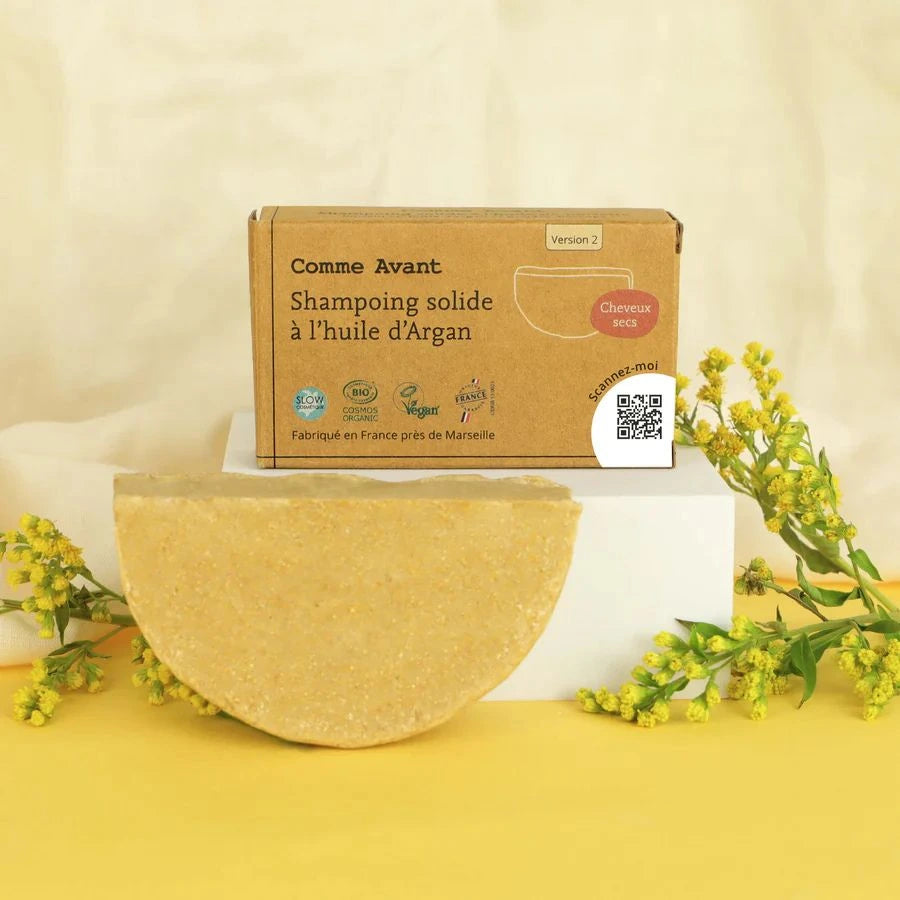 Un shampoing solide à l'huile d'argan pour cheveux secs de la marque comme avant avec du mimosa