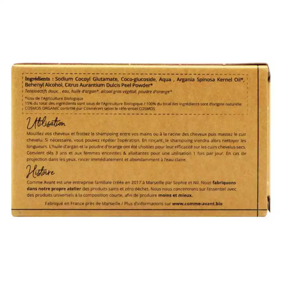Dos du pack du shampoing solide à l'huile d'argan pour cheveux secs de la marque comme avant
