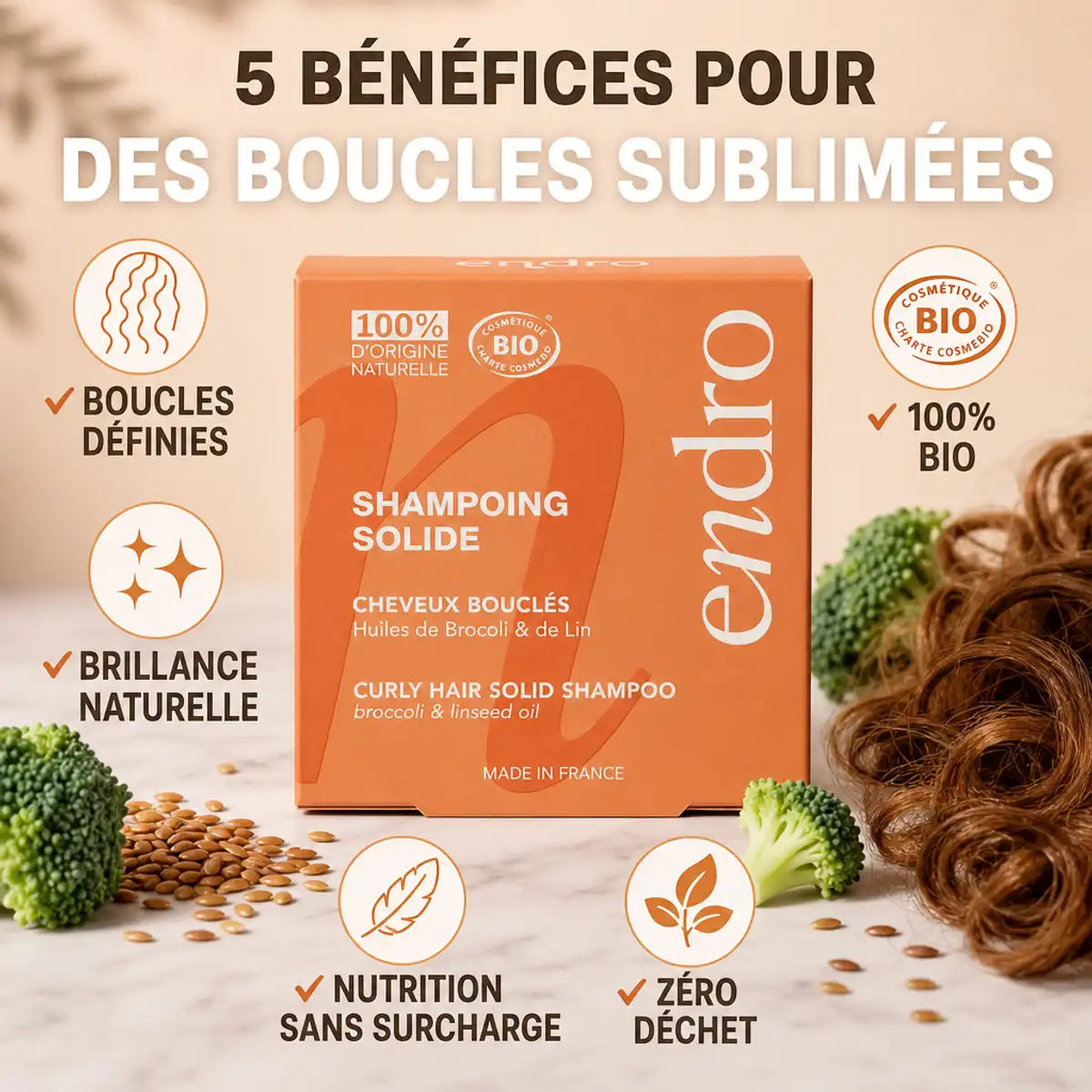 Shampoing solide Endro Brocoli Lin cheveux bouclés - Nutrition brillance zéro déchet bio