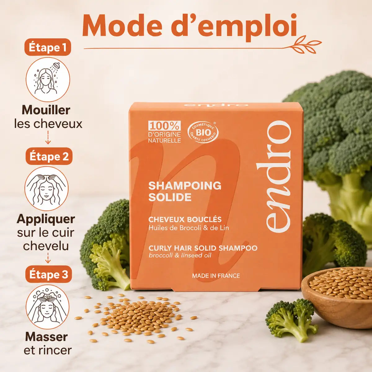 Shampoing solide Endro huile de brocoli et lin cheveux bouclés avec guide d'utilisation