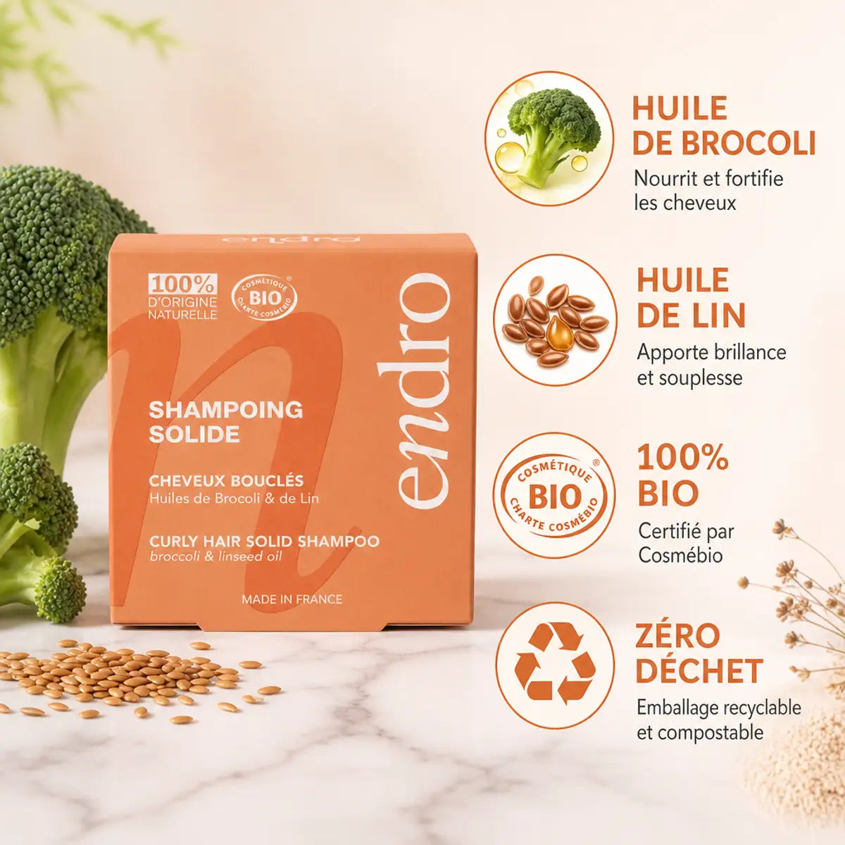 Shampoing solide Endro Huile de Brocoli et Lin pour cheveux bouclés bio zéro déchet