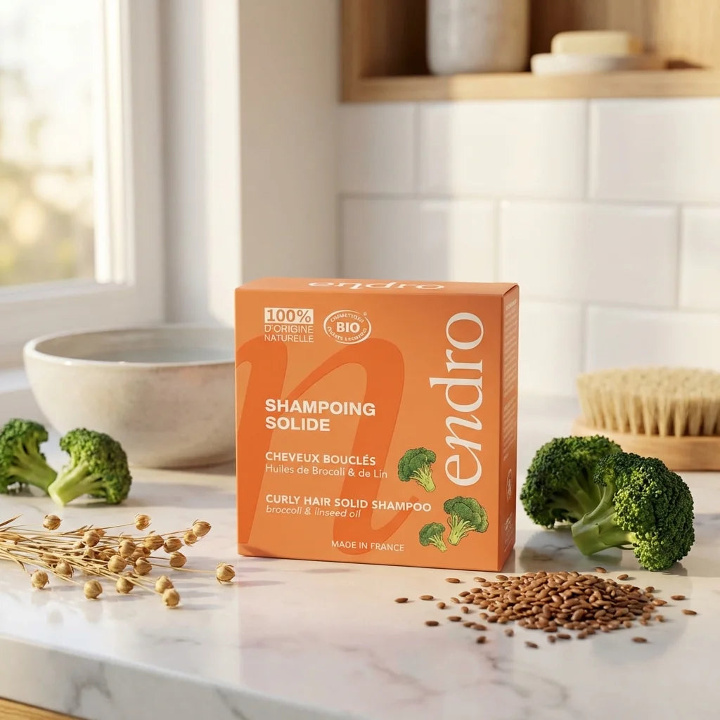Shampoing solide Endro Huile de Brocoli et Lin pour cheveux bouclés avec emballage orange