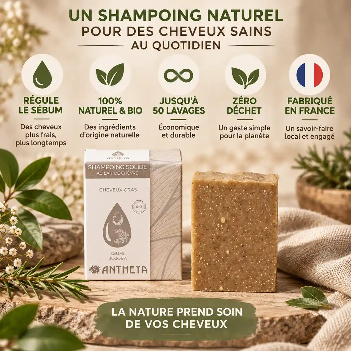 Shampoing solide lait de chèvre Antheya cheveux gras 100g naturel bio zéro déchet