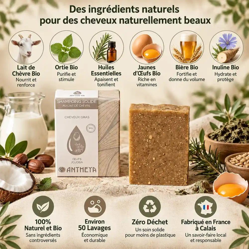 Shampoing solide lait de chèvre Antheya 100g avec ingrédients bio pour cheveux gras