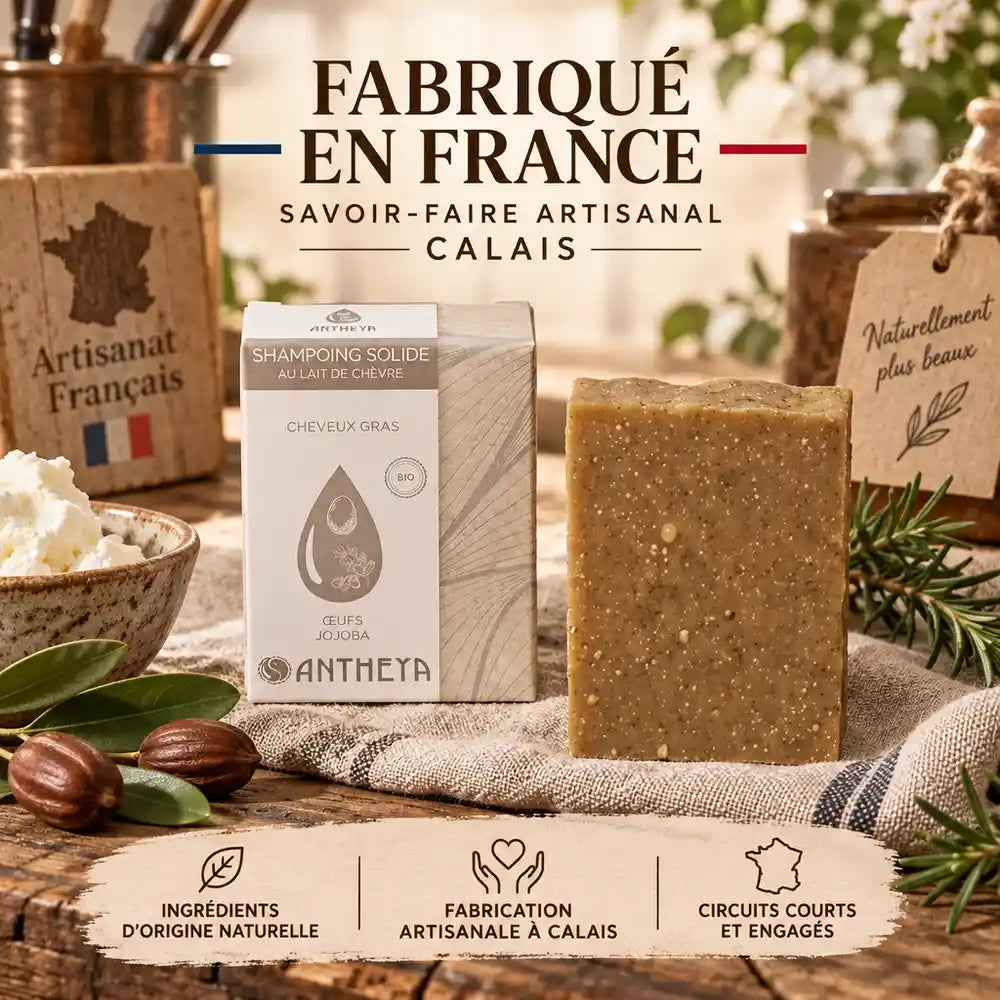 Shampoing solide lait de chèvre Antheya pour cheveux gras avec packaging et éléments artisanaux français