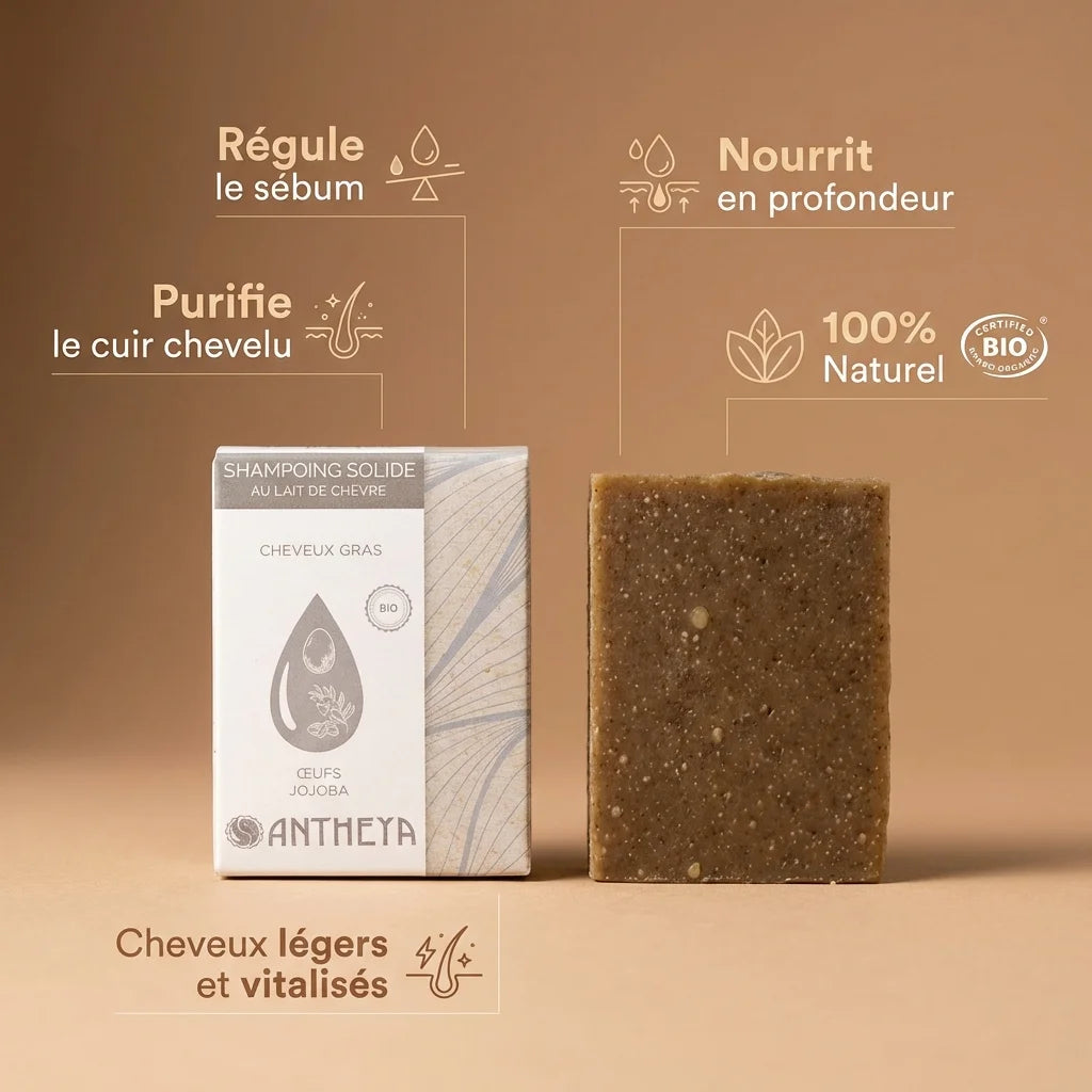 Shampoing solide lait de chèvre Antheya pour cheveux gras avec bénéfices naturels bio