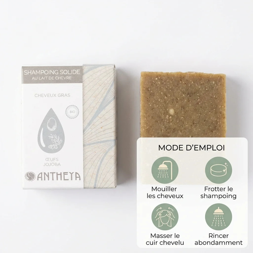 Shampoing solide lait de chèvre Antheya cheveux gras 100g avec mode d'emploi