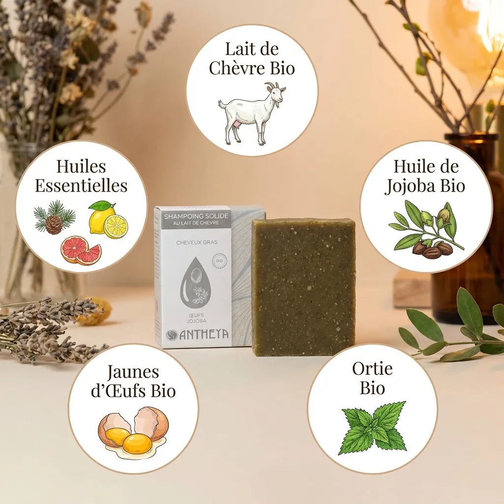 Shampoing solide lait de chèvre Antheya avec ingrédients bio pour cheveux gras