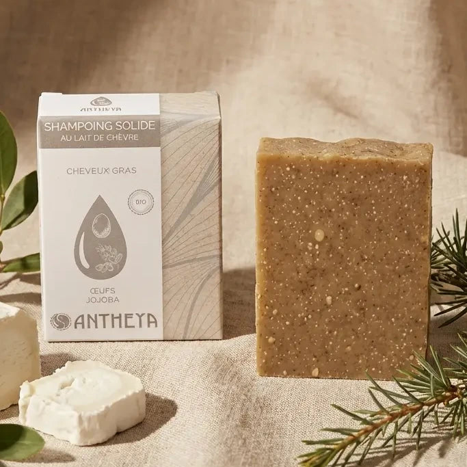 Shampoing solide lait de chèvre Antheya pour cheveux gras avec emballage papier et ingrédients naturels