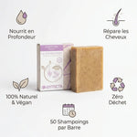 Shampoing solide Antheya nourrissant réparateur 100g avec infographie bénéfices naturel végan zéro déchet