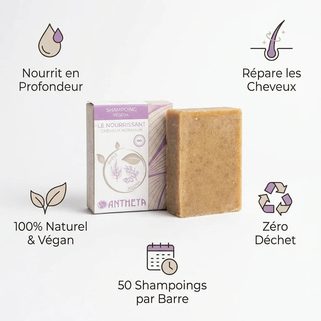 Shampoing solide Antheya nourrissant réparateur 100g avec infographie bénéfices naturel végan zéro déchet