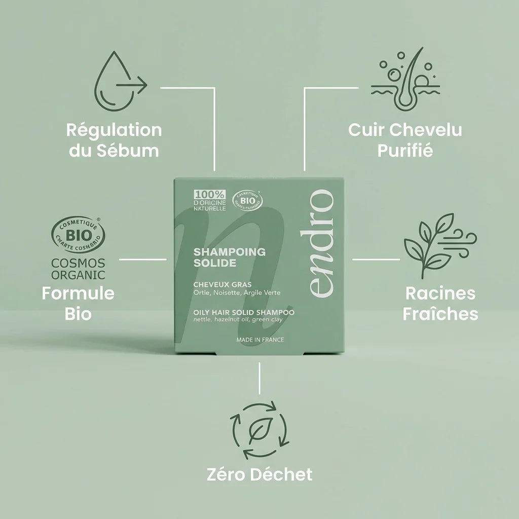 Shampoing solide Ortie & Huile de Noisette Endro - Cheveux gras avec infographie des 5 bénéfices