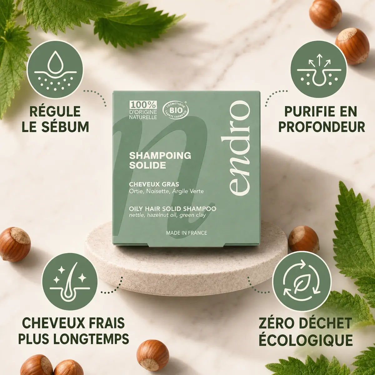 Shampoing solide Ortie Noisette Endro cheveux gras avec bénéfices : régule sébum, purifie, zéro déchet
