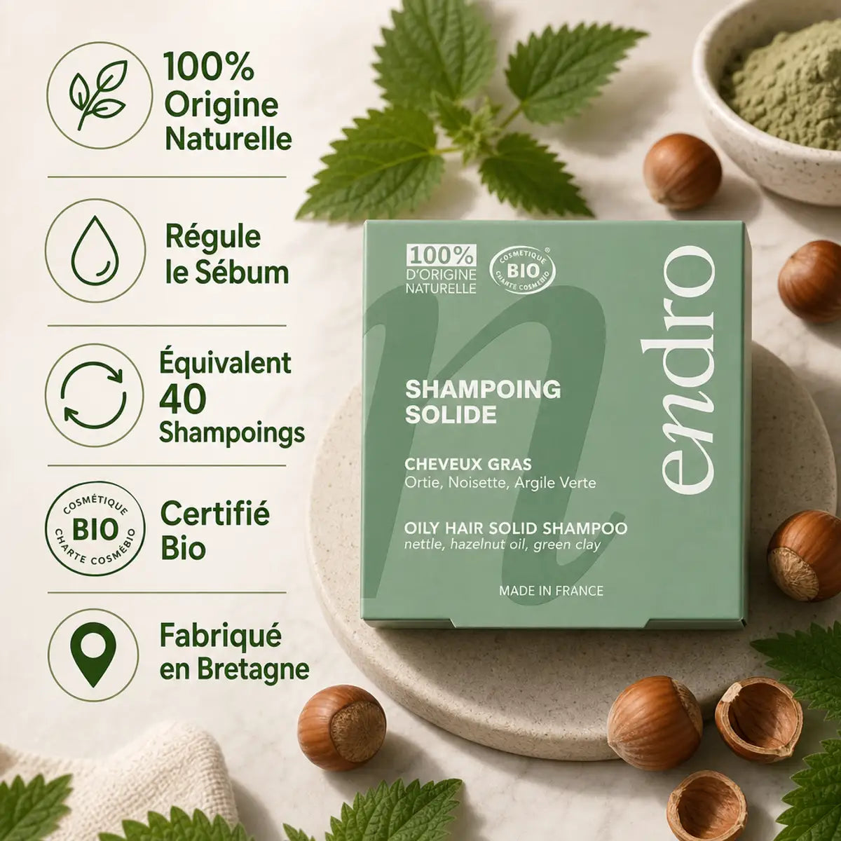 Shampoing solide Ortie Noisette Endro cheveux gras naturel bio Bretagne infographie