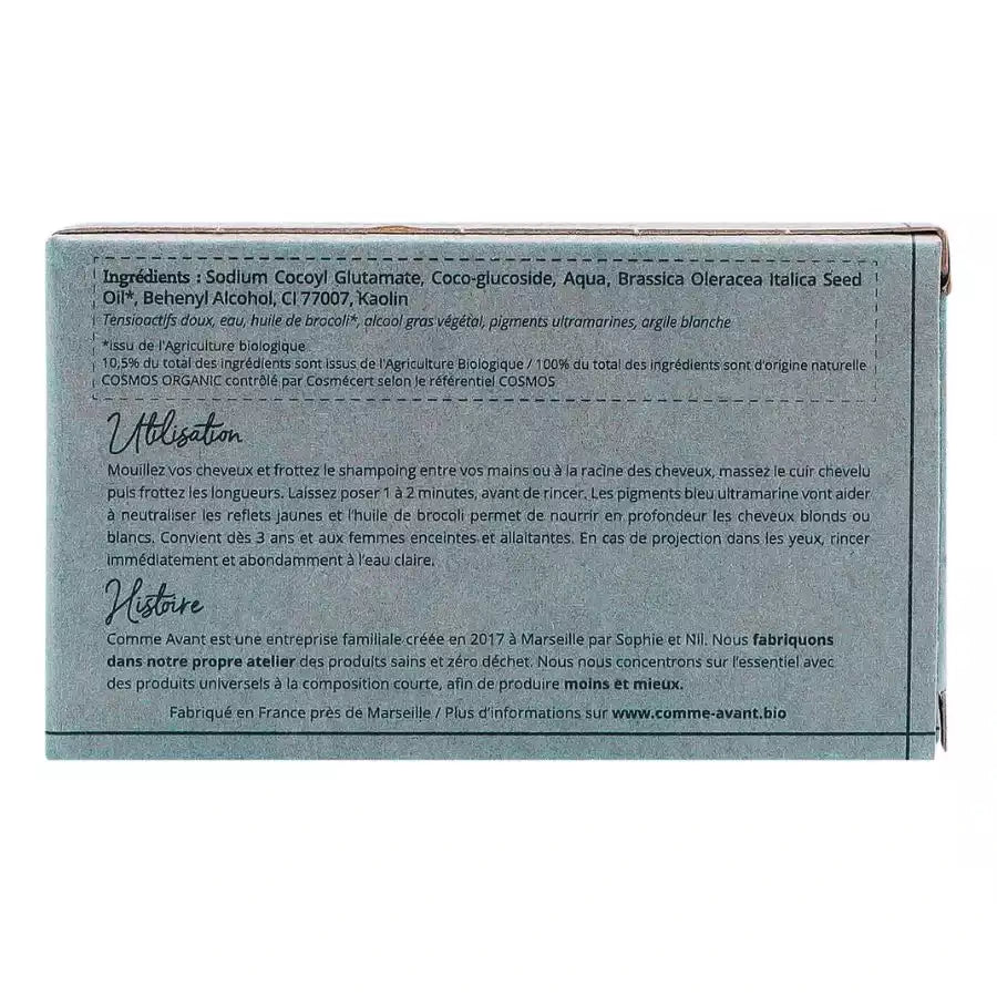 Le dos d'un pack de shampoing solide au pigment bleu ultramarine pour cheveux blonds et blancs de la marque comme avant