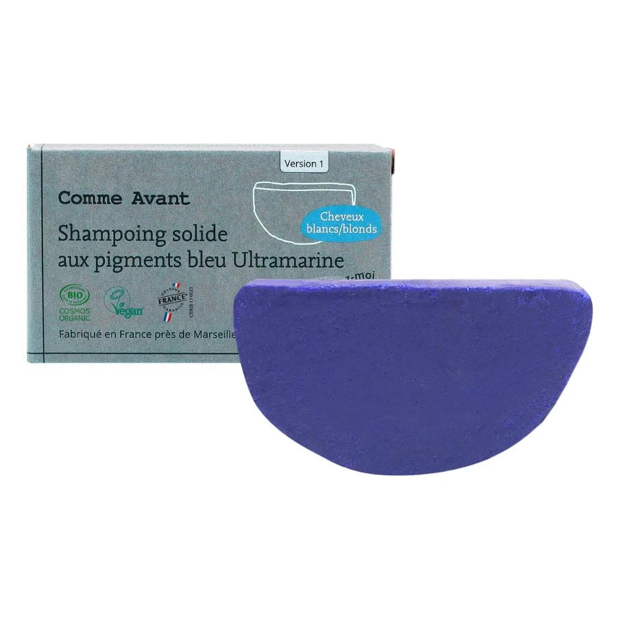Un shampoing solide au pigment bleu ultramarine pour cheveux blonds et blancs de la marque comme avant