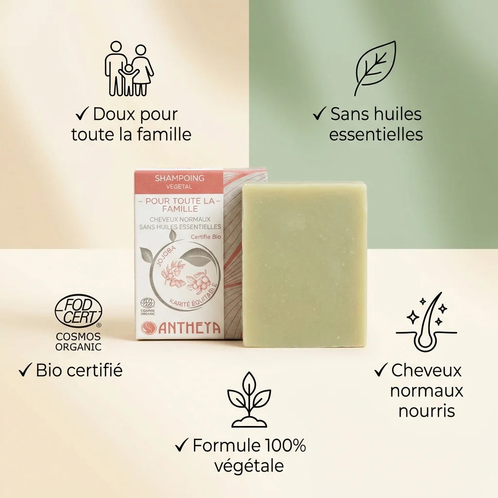 Shampoing solide Antheya sans huiles essentielles pour cheveux normaux, 100g, certifié bio et végétal