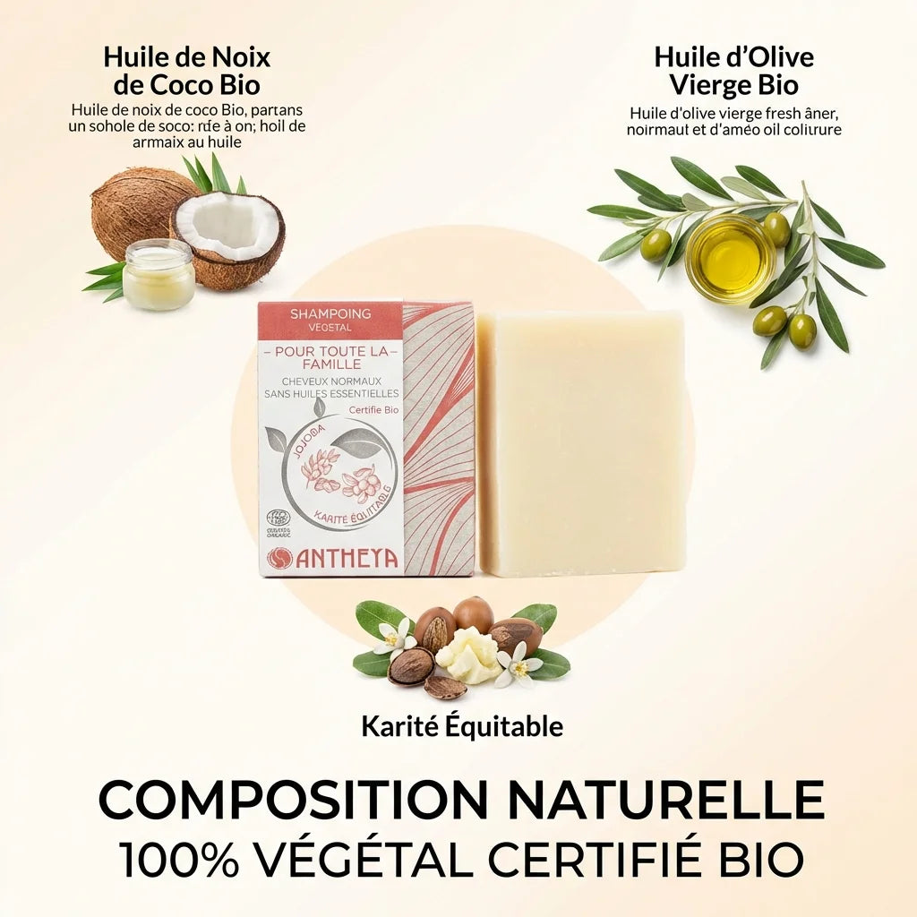 Shampoing solide Antheya sans huile essentielle pour cheveux normaux avec ingrédients bio naturels