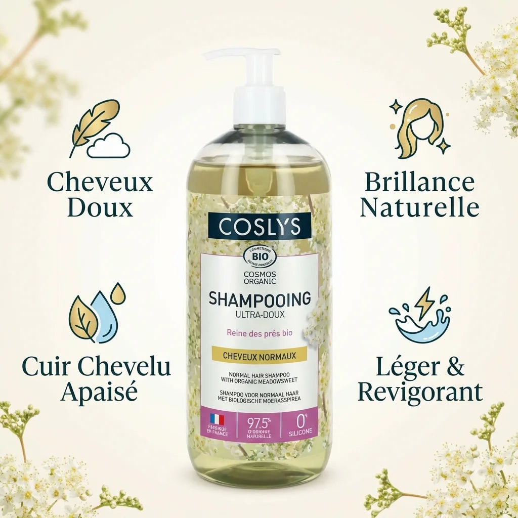 Shampoing Coslys bio 1L cheveux normaux avec bénéfices : douceur, brillance, cuir chevelu apaisé