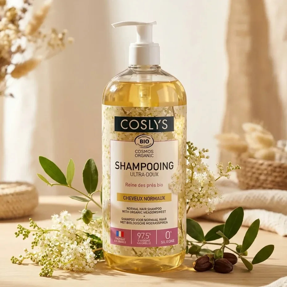 Shampoing Ultra Doux Coslys Bio 1L avec fleurs de reine des prés et jojoba