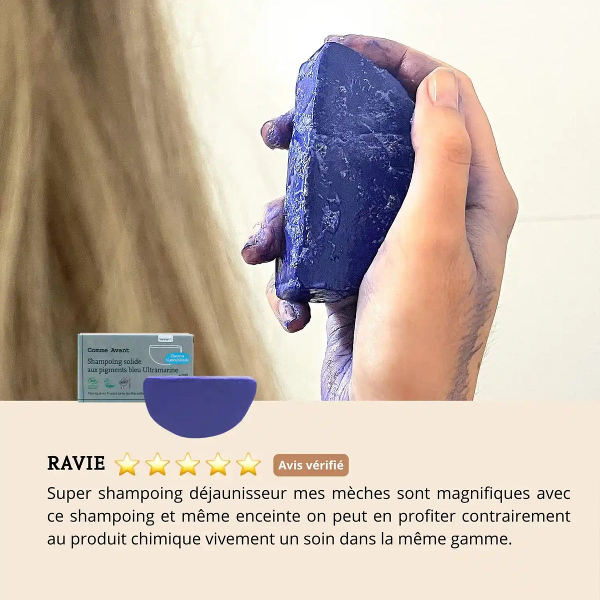 Les avis sur le shampoing solide de 70g de la marque Comme Avant pour cheveux blonds et blancs