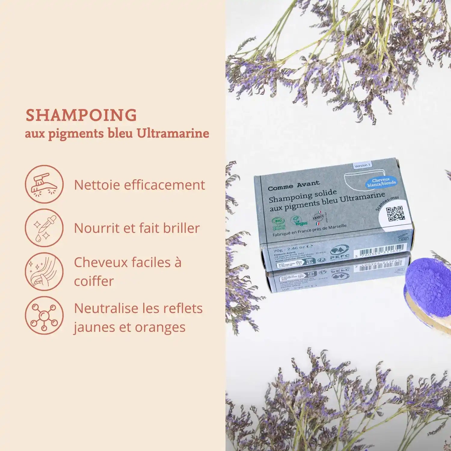 Les bienfaits du shampoing solide de 70g de la marque Comme Avant pour cheveux blonds et blancs