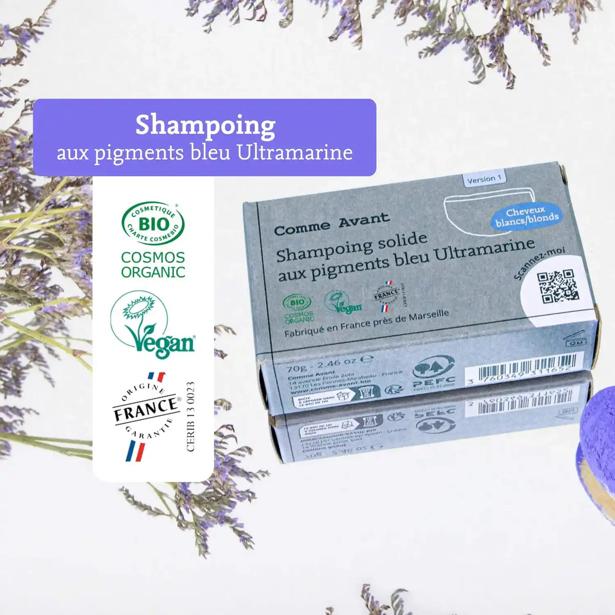 Les labels du shampoing solide de 70g de la marque Comme Avant pour cheveux blonds et blancs