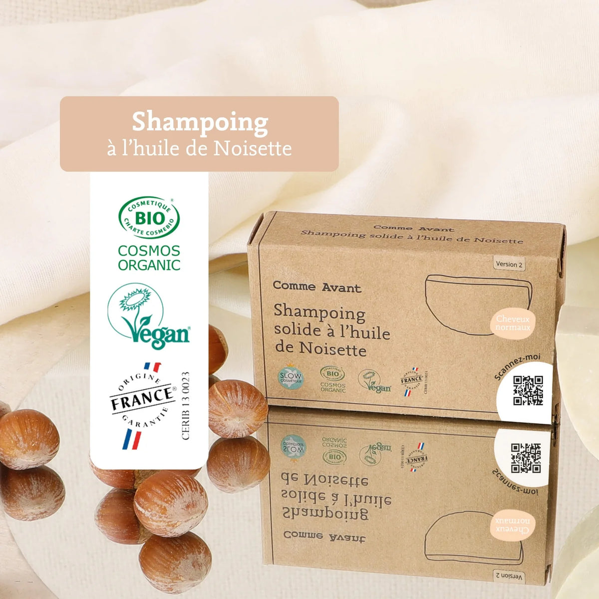 Les labels du Shampoing solide Cheveux normaux à l'huile de noisette Comme Avant