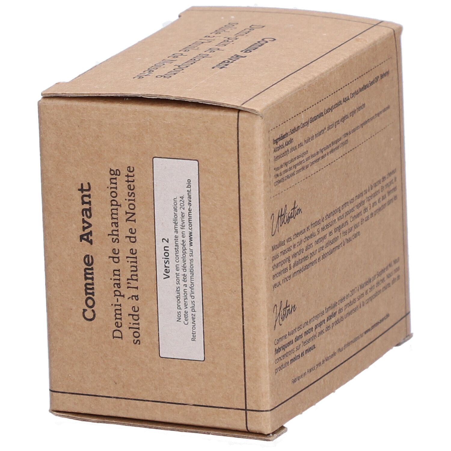 Le verso d'un pack de Shampoing solide Cheveux normaux à l'huile de noisette Comme Avant