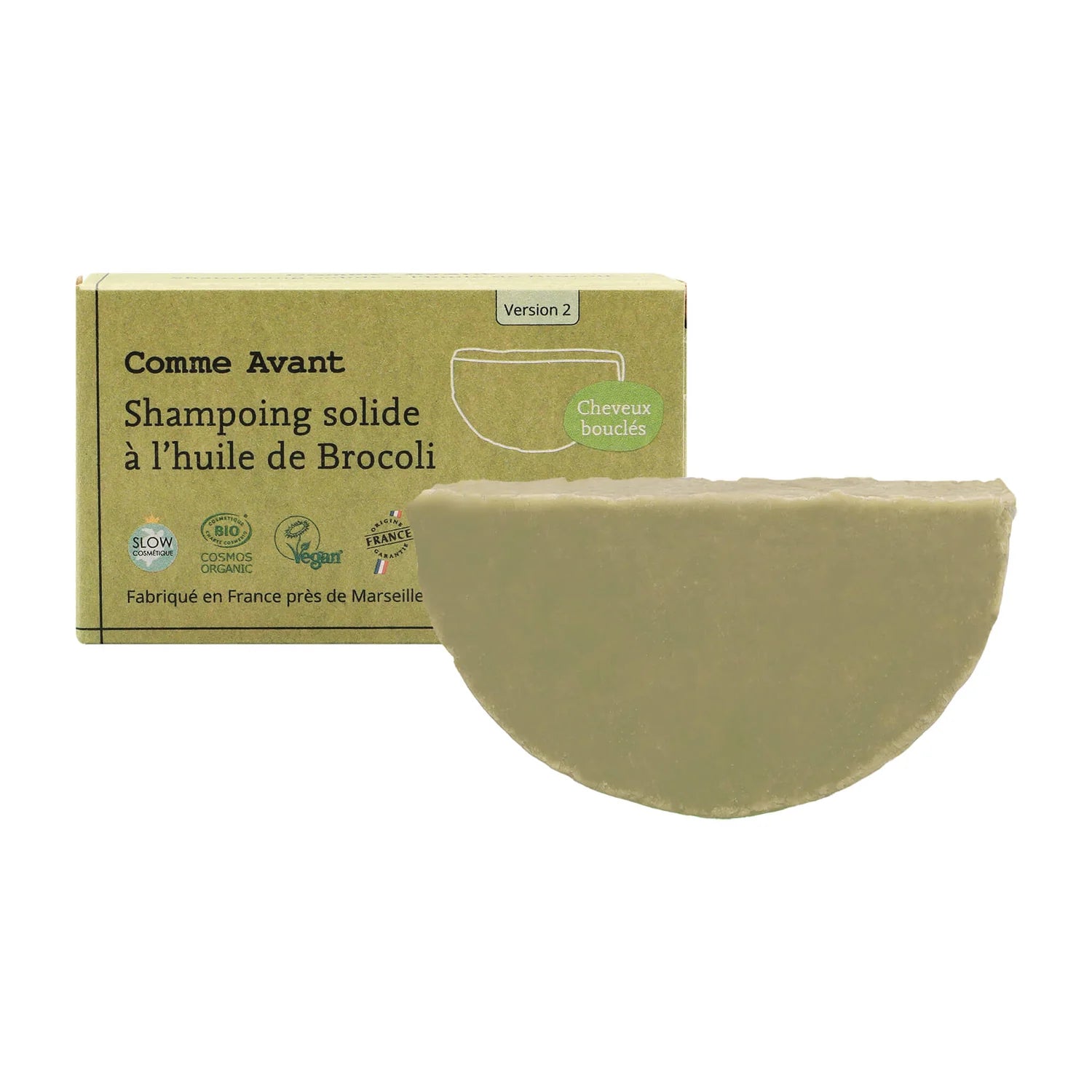 Un Shampoing Solide Cheveux bouclés à l'huile de Brocolis Comme Avant avec son emballage en carton recyclé