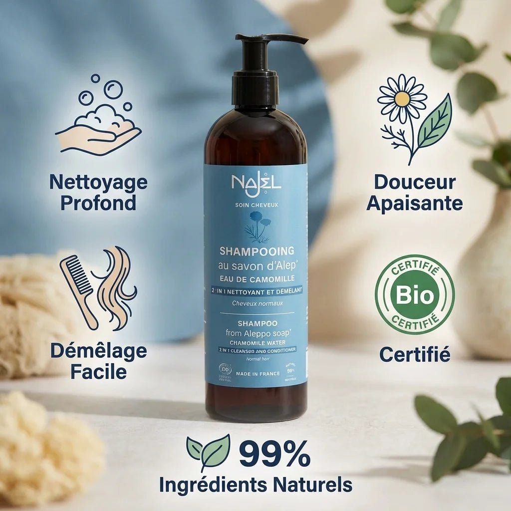 Shampooing 2en1 Najel Savon d'Alep Camomille Bio 500ml cheveux normaux