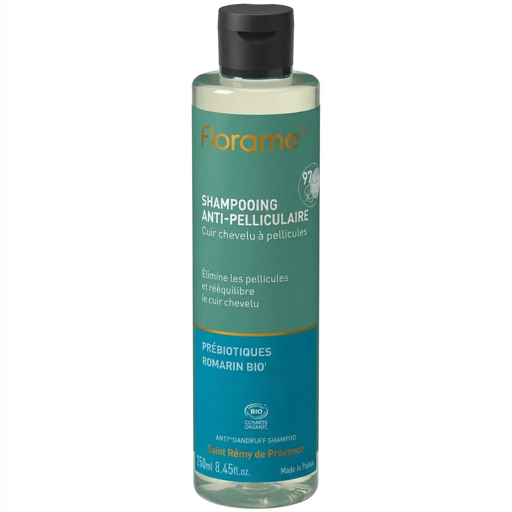 Shampooing antipelliculaire Florame bio 250ml bouteille verre avec label teal et certification organic