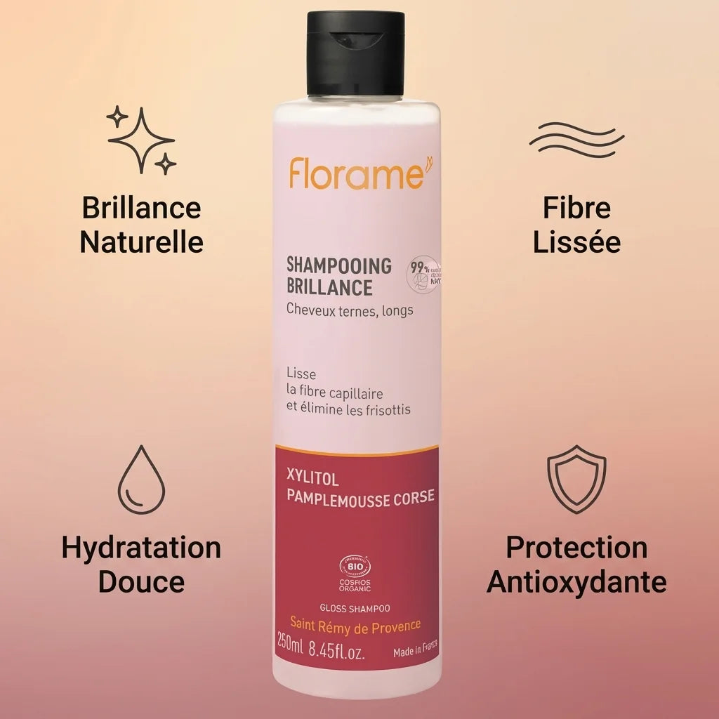 Shampooing Brillance Bio Florame 250ml avec bénéfices : brillance, fibre lissée, hydratation, protection antioxydante