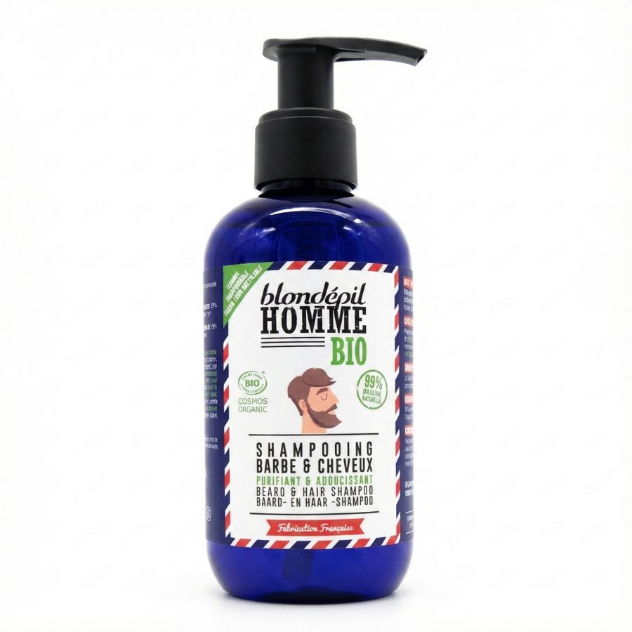 Un shampooing barbe et cheveux de la marque blondépil en flacon pompe